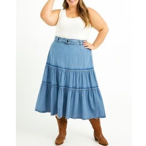 Ninexis Belted Tiered Chambray Denim Midi Skirt XL Coastal Cowgirl